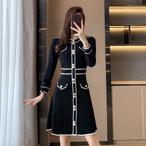 Knitted A-line & High Waist Autumn and Winter Dress patchwork black PC