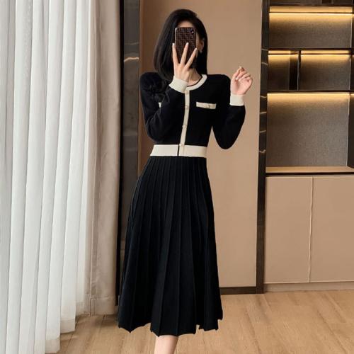 Knitted A-line & High Waist Autumn and Winter Dress patchwork PC