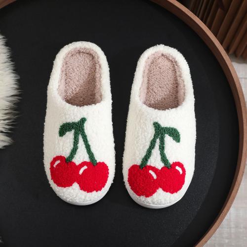 Plush & PVC Fluffy slippers hardwearing & thermal fruit pattern white Pair