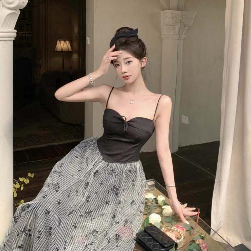 Polyester long style One-piece Dress double layer & off shoulder printed black PC