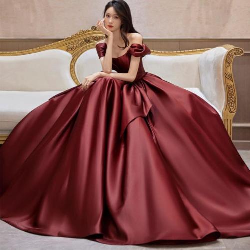 Polyester Off Shoulder Long Evening Dress large hem design patchwork Solid wine red PC