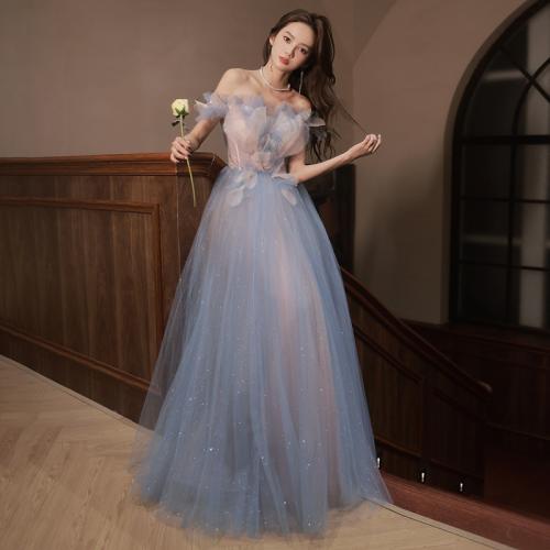 Polyester Off Shoulder Long Evening Dress large hem design patchwork Solid blue PC