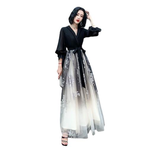 Polyester Slim Long Evening Dress large hem design patchwork Solid black PC