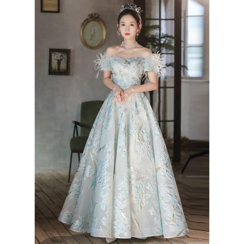 Polyester Off Shoulder Long Evening Dress large hem design patchwork Solid sky blue PC