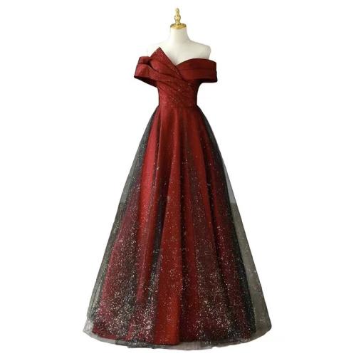 Polyester Off Shoulder & Plus Size Long Evening Dress large hem design patchwork Solid wine red PC