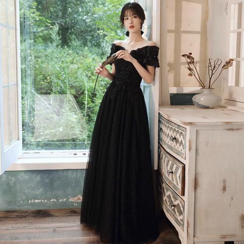 Polyester Off Shoulder Long Evening Dress large hem design patchwork Solid black PC