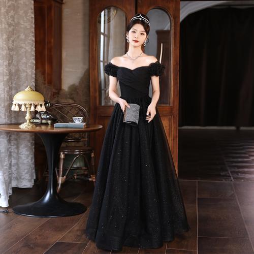 Polyester Off Shoulder Long Evening Dress large hem design patchwork Solid PC