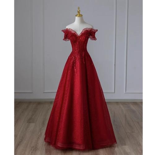 Polyester Off Shoulder Long Evening Dress large hem design patchwork Solid wine red PC