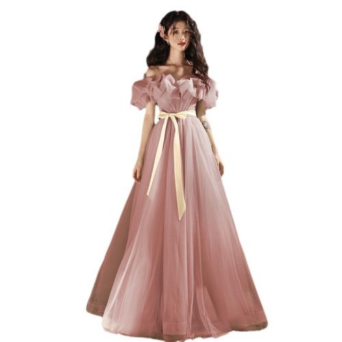 Spandex Off Shoulder Long Evening Dress large hem design patchwork Solid pink :定制不退换 PC