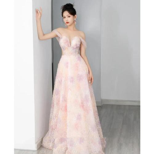 Polyester Plus Size Long Evening Dress large hem design & tube patchwork Solid pink PC