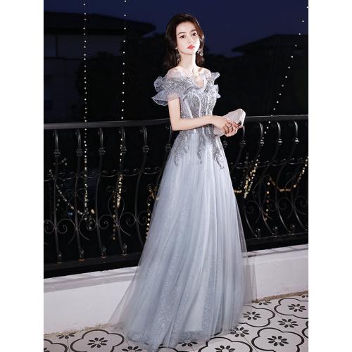 Polyester Off Shoulder Long Evening Dress large hem design patchwork Solid gray PC