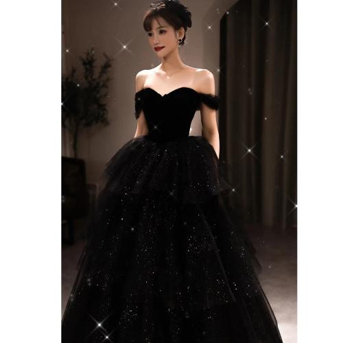 Spandex Off Shoulder Long Evening Dress large hem design patchwork Solid black PC