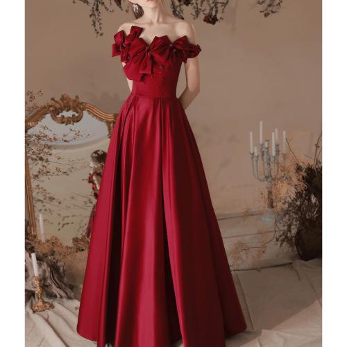 Polyester Off Shoulder & Plus Size Long Evening Dress large hem design patchwork Solid wine red PC