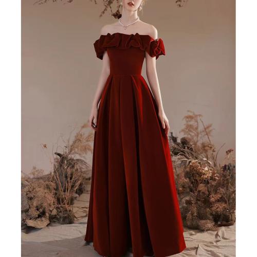 Polyester Off Shoulder & Plus Size Long Evening Dress large hem design patchwork Solid wine red PC