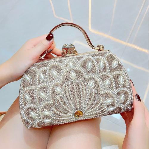 PU Leather & Plastic Pearl & Polyester Evening Party & iron-on Handbag with chain & attached with hanging strap PC