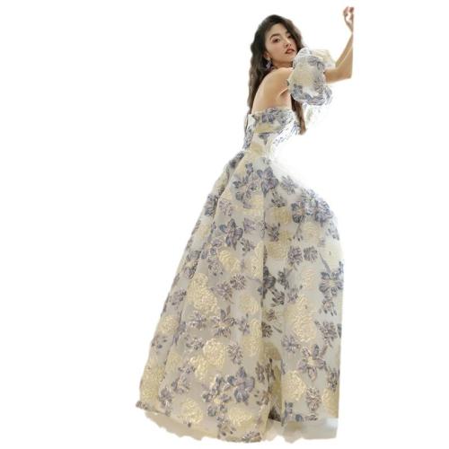 Spandex Off Shoulder Long Evening Dress large hem design patchwork floral PC