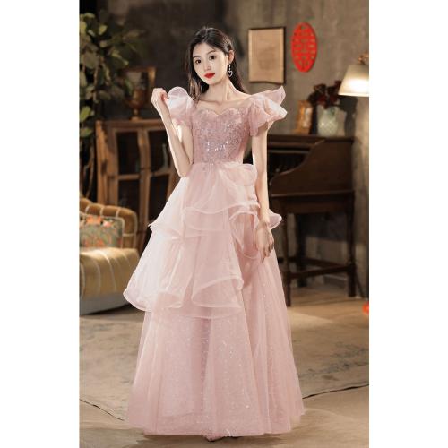 Polyester Off Shoulder Long Evening Dress large hem design patchwork Solid pink PC