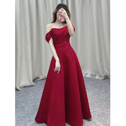 Polyester Off Shoulder Long Evening Dress large hem design patchwork Solid wine red PC