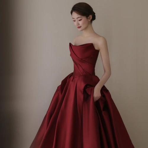 Polyester Long Evening Dress large hem design & tube patchwork Solid wine red PC