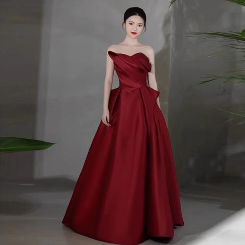 Polyester Long Evening Dress large hem design & tube patchwork Solid wine red PC