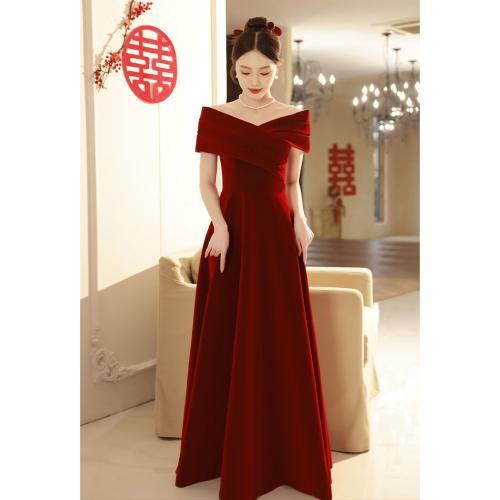 Polyester Off Shoulder Long Evening Dress  patchwork Solid wine red PC