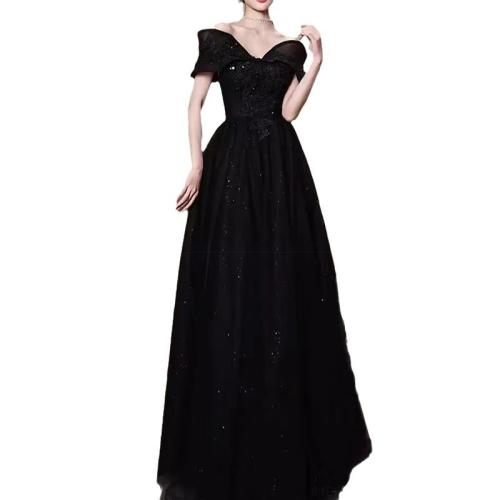 Spandex Off Shoulder Long Evening Dress large hem design patchwork Solid black PC