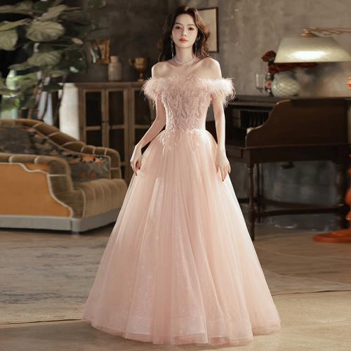 Polyester Off Shoulder Long Evening Dress large hem design patchwork Solid pink PC