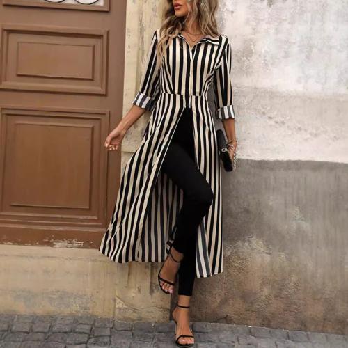 Spandex & Polyester long style & front slit Women Long Sleeve Shirt printed striped beige PC