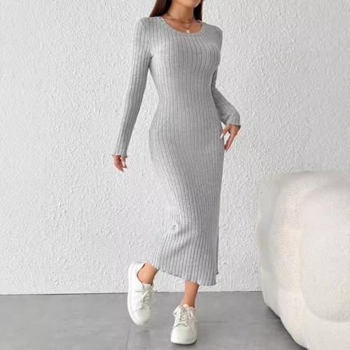 Polyester One-piece Dress autumn and winter design & mid-long style patchwork striped gray PC