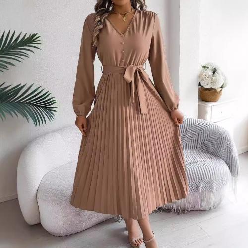 Polyester long style & Pleated & High Waist One-piece Dress Solid PC