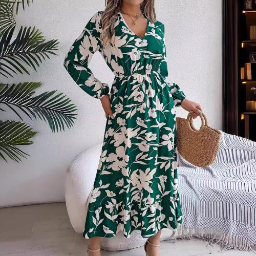 Polyester Waist-controlled & long style One-piece Dress printed floral PC