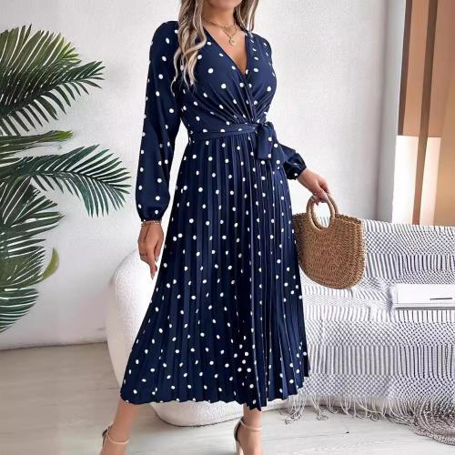 Polyester Waist-controlled & long style & Pleated One-piece Dress printed dot PC