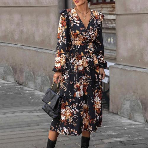 Polyester One-piece Dress slimming & deep V printed black PC