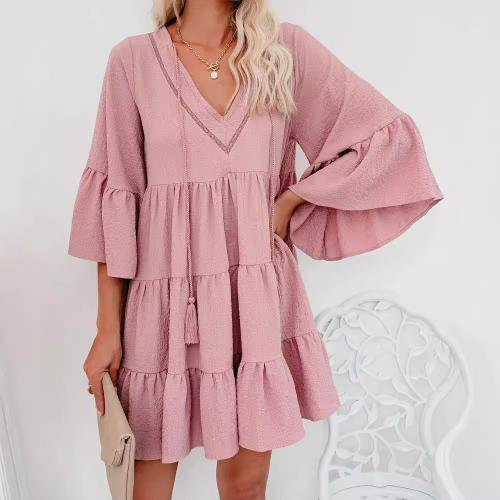 Chiffon One-piece Dress deep V & loose Corduroy Solid PC