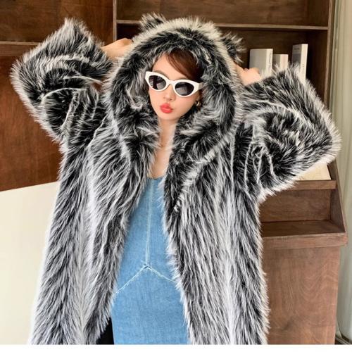 Artificial Fur long style & Plus Size Women Overcoat & thermal Solid gray PC