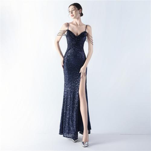 Sequin & Polyester Slim Long Evening Dress deep V & side slit PC