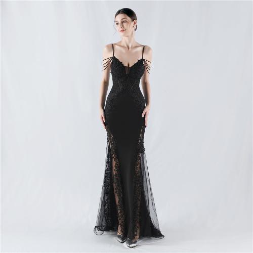 Polyester Slim Long Evening Dress see through look & deep V embroider PC