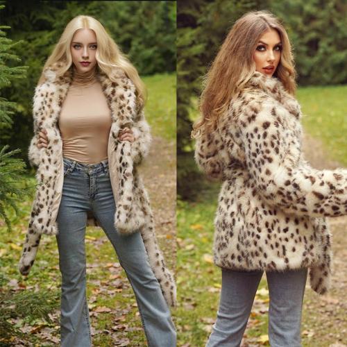 Artificial Wool Sweater Coat & loose & thermal leopard brown PC