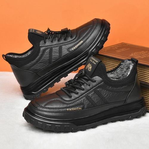 Plastic Cement & PU Leather Men Casual Shoes fleece & waterproof & thermal Solid black Pair