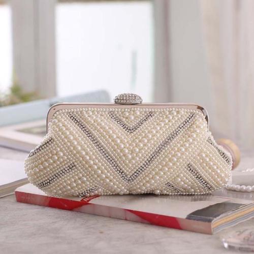 Plastic Pearl & Polyester hard-surface & Easy Matching Handbag with chain & attached with hanging strap beige PC