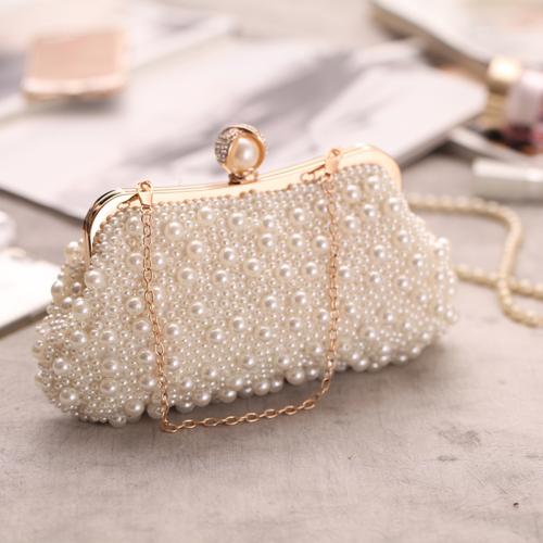 Plastic Pearl & Polyester Evening Party Clutch Bag with chain & attached with hanging strap beige PC