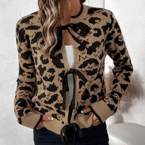 Acrylic & Nylon Women Cardigan leopard coffee PC