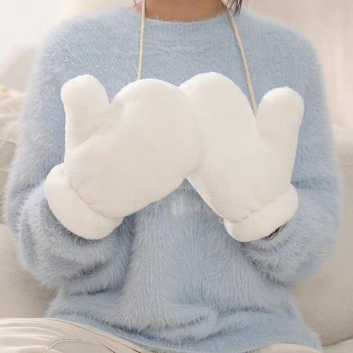 Cute Plush Solid Color Gloves Mittens Women's Winter Warm fleece-lined Thickened Neck Hanging Gloves