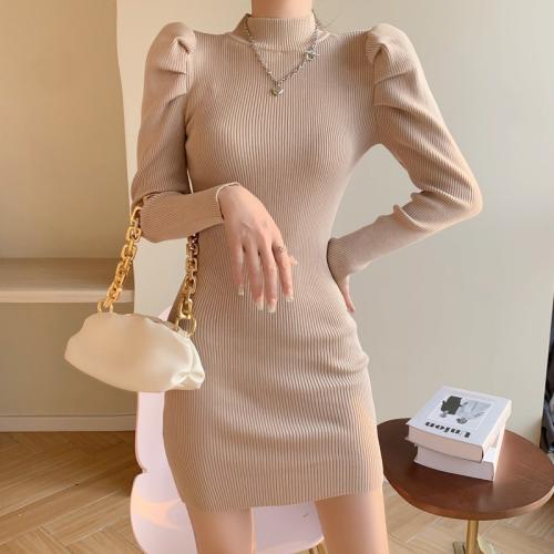 Autumn and Winter Women's Elegant Puff Sleeve Half-high Neck Knitted dress Slim-fit Inner Hip Slim-fit Skirt