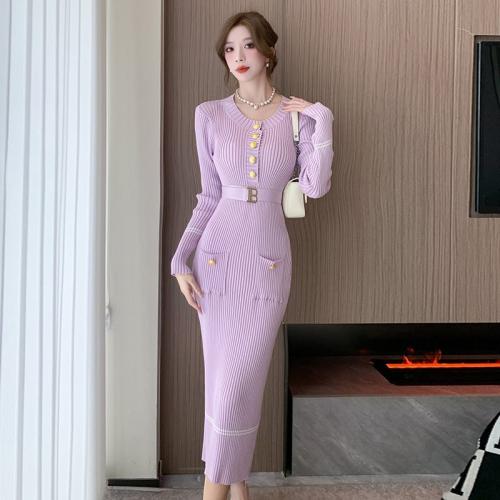 Fashion Ladies Style Elegant French High Waist Knitted dress Autumn and Winter Tight Waist Slimming Hip Skirt