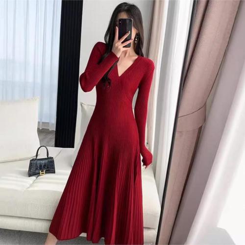 French Elegant Style Long V-neck Sweater with Knitted Base Waist A- line dress for Autumn and Winter