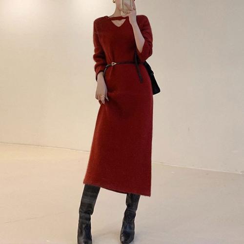 Red V-neck bottoming inner wear dress women's spring and summer New loose slimming midi dress