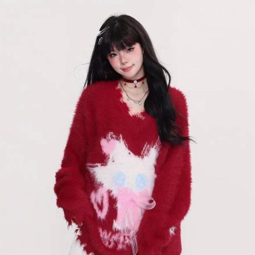 Retro Plush Cat Sweater Distressed Rapped Collar Lazy Soft Waxy Pullover Sweater