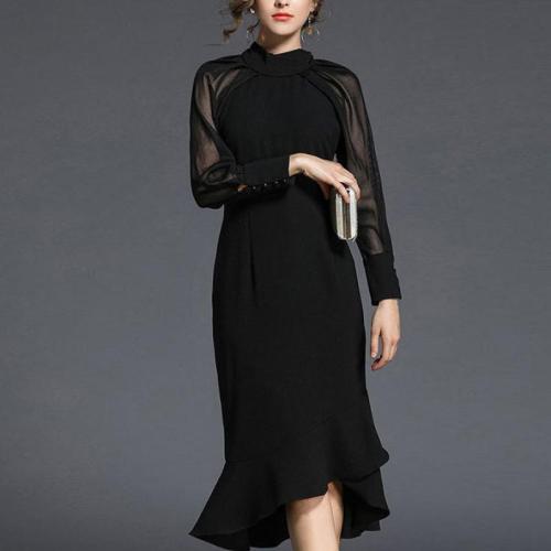 Spring New Fashion Stitching Solid Color Fishtail Dress Slim-fit Raglan Long Sleeve Dress