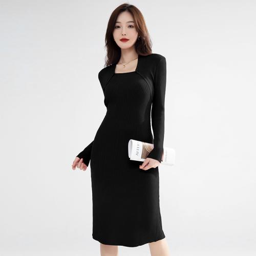 Elegant retro socialite style square collar knitted dress French niche autumn dress